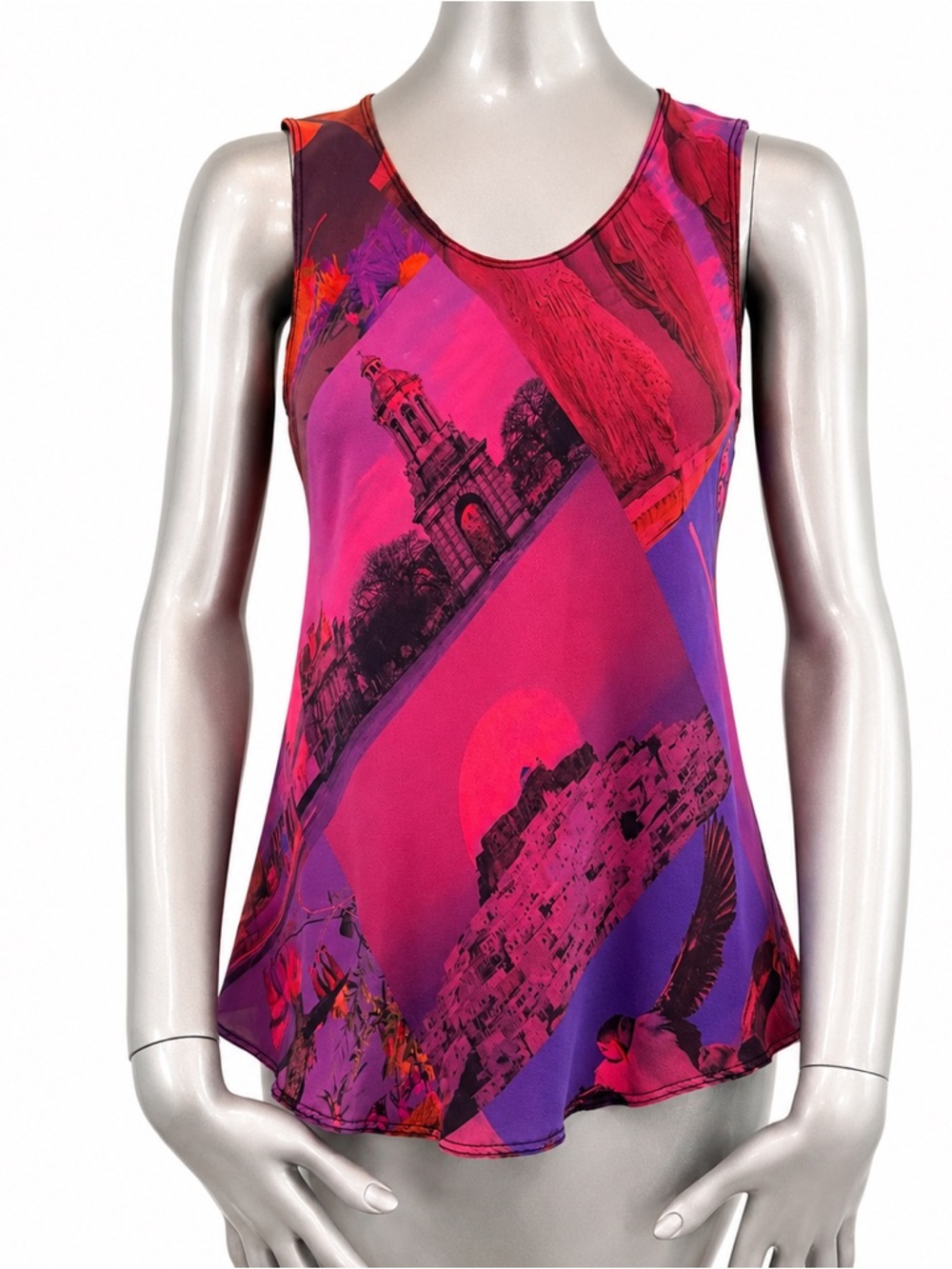 URU 100% Silk Scenic Print Tank Top NWOT Made in USA Size 1 Purple Pink